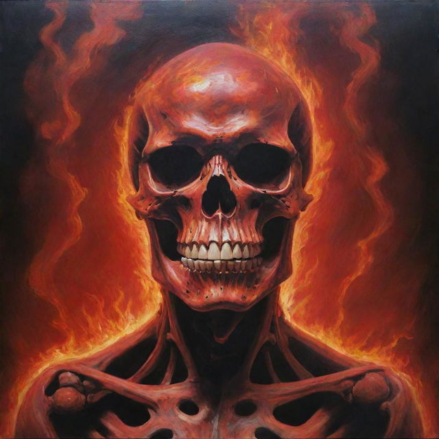 A hauntingly beautiful painting featuring a skeletal red skull amidst a fiery backdrop