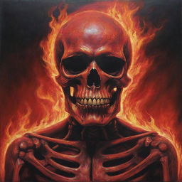 A hauntingly beautiful painting featuring a skeletal red skull amidst a fiery backdrop