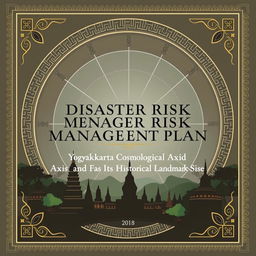 A visually striking report cover for the Disaster Risk Management Plan for the Yogyakarta Cosmological Axis and its Historical Landmarks, emphasizing its status as a World Heritage Site