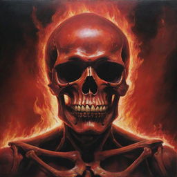 A hauntingly beautiful painting featuring a skeletal red skull amidst a fiery backdrop