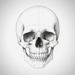 A minimalist line sketch art displaying an anatomically accurate skull, featuring sharp angles and curves