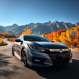 A stunning landscape featuring a sleek, modern Honda car parked in a picturesque setting