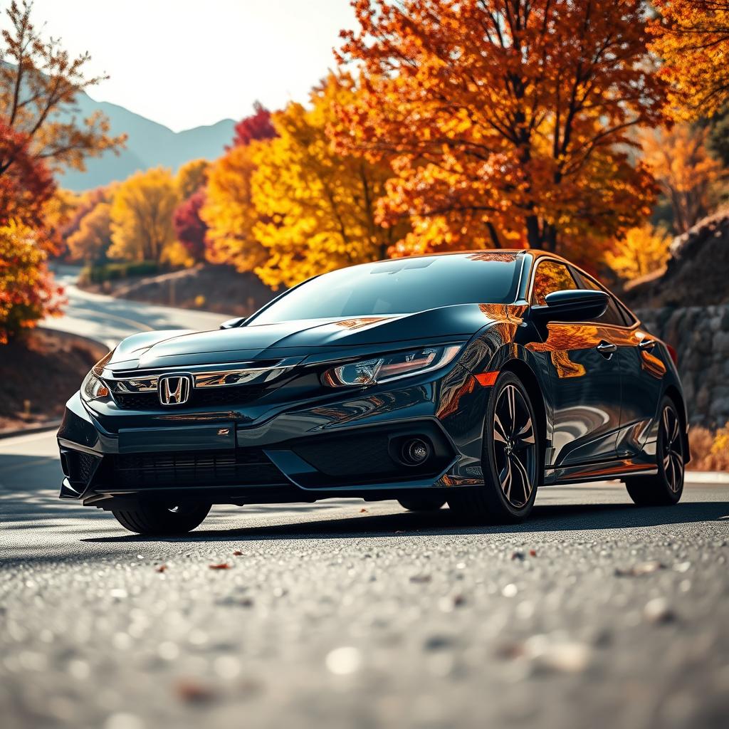 A stunning landscape featuring a sleek, modern Honda car parked in a picturesque setting