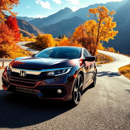 A stunning landscape featuring a sleek, modern Honda car parked in a picturesque setting