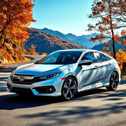 A stunning landscape featuring a sleek, modern Honda car parked in a picturesque setting