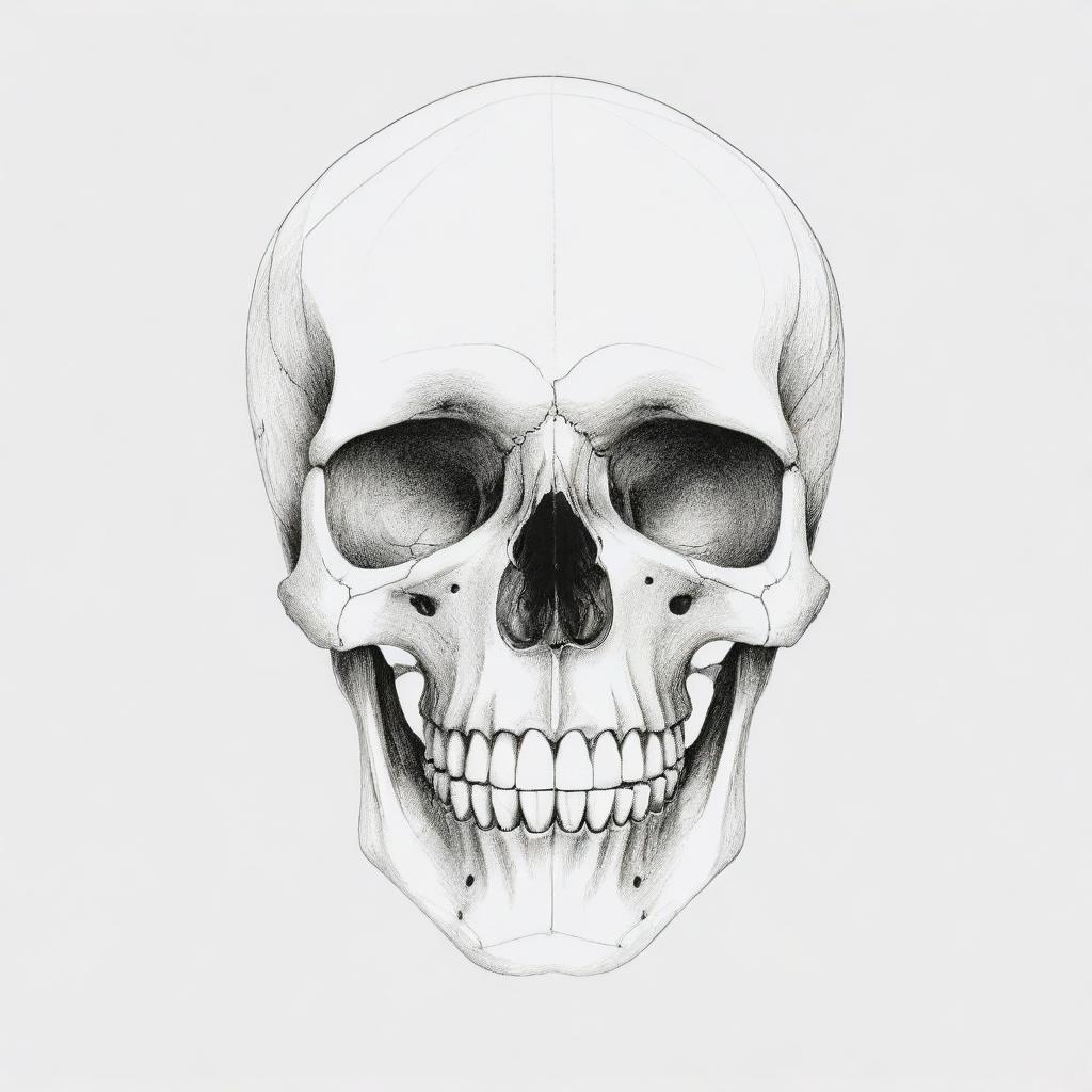 A minimalist line sketch art displaying an anatomically accurate skull, featuring sharp angles and curves