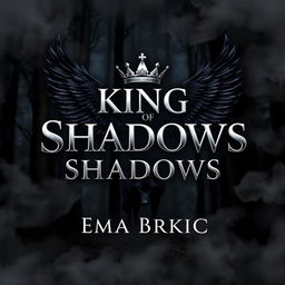 A captivating book cover for 'King of Shadows', featuring the title in bold metallic letters that reflect light against a dark background