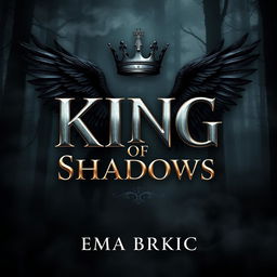 A captivating book cover for 'King of Shadows', featuring the title in bold metallic letters that reflect light against a dark background