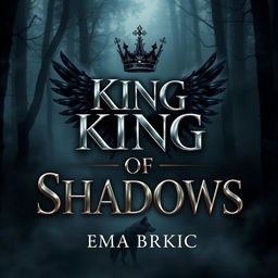 A captivating book cover for 'King of Shadows', featuring the title in bold metallic letters that reflect light against a dark background