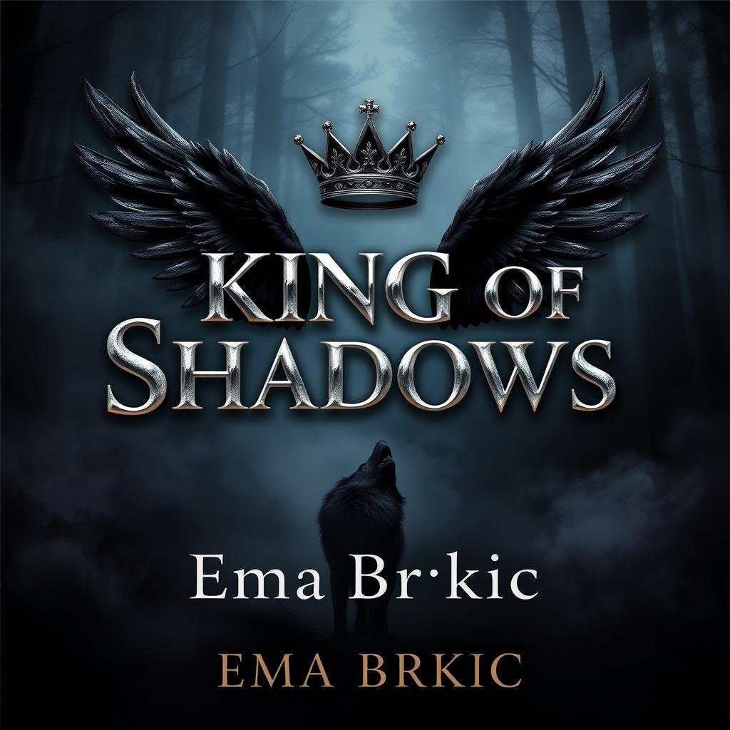 A captivating book cover for 'King of Shadows', featuring the title in bold metallic letters that reflect light against a dark background