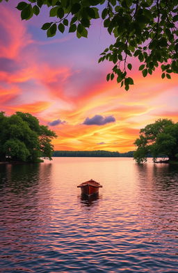 A breathtaking sunset over a serene lake, with the sky painted in hues of orange, pink, and purple