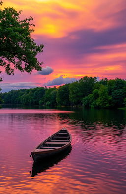 A breathtaking sunset over a serene lake, with the sky painted in hues of orange, pink, and purple