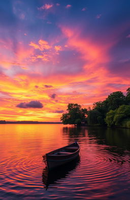 A breathtaking sunset over a serene lake, with the sky painted in hues of orange, pink, and purple