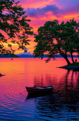 A breathtaking sunset over a serene lake, with the sky painted in hues of orange, pink, and purple