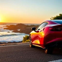 A sleek and modern Mazda car parked on a scenic coastal road, with the ocean waves crashing against the rocky shore in the background
