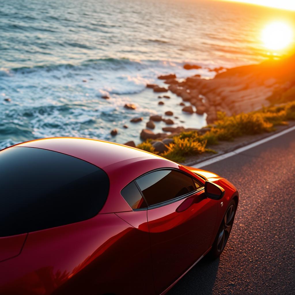 A sleek and modern Mazda car parked on a scenic coastal road, with the ocean waves crashing against the rocky shore in the background