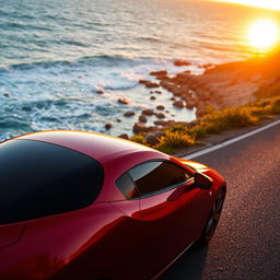 A sleek and modern Mazda car parked on a scenic coastal road, with the ocean waves crashing against the rocky shore in the background