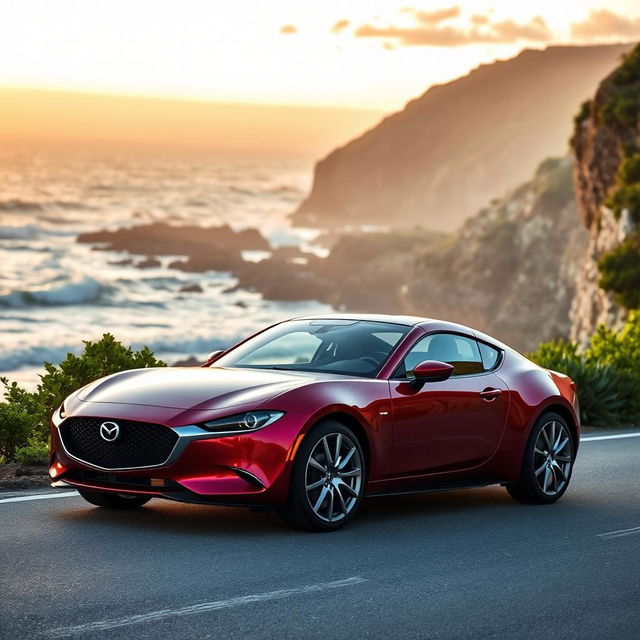 A sleek and modern Mazda car parked on a scenic coastal road, with the ocean waves crashing against the rocky shore in the background