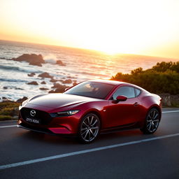 A sleek and modern Mazda car parked on a scenic coastal road, with the ocean waves crashing against the rocky shore in the background