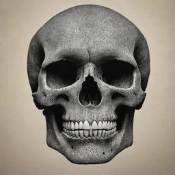 A striking stippled art piece featuring a skull