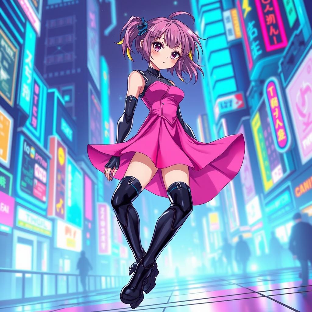 A stunning anime-style illustration of a girl android from a futuristic world, inspired by a vibrant and colorful aesthetic