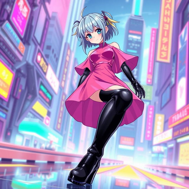 A stunning anime-style illustration of a girl android from a futuristic world, inspired by a vibrant and colorful aesthetic