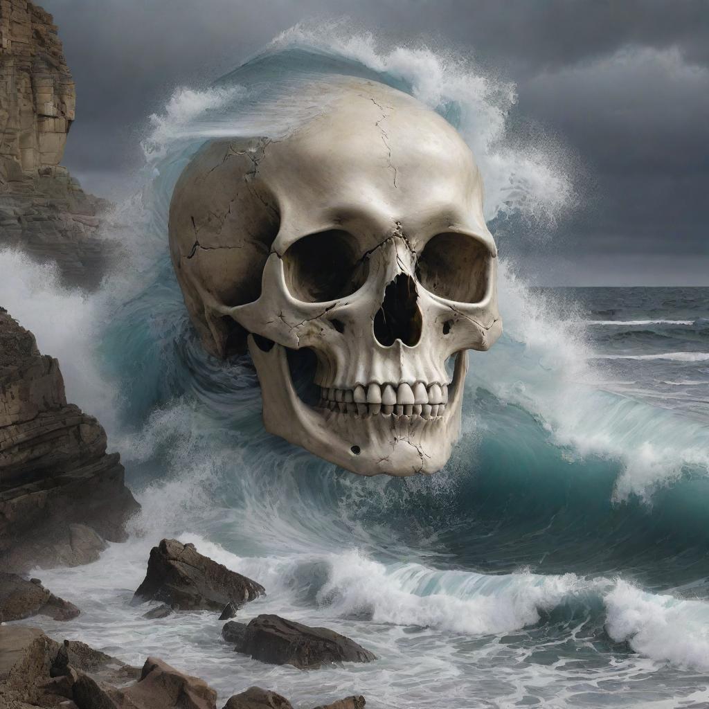 A surreal piece of art featuring a skull morphing into waves crashing against a rocky shoreline