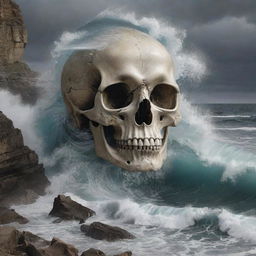 A surreal piece of art featuring a skull morphing into waves crashing against a rocky shoreline