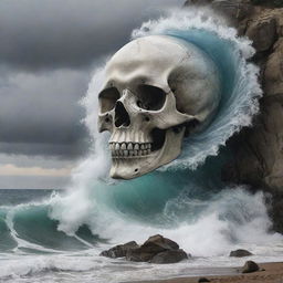 A surreal piece of art featuring a skull morphing into waves crashing against a rocky shoreline