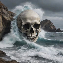 A surreal piece of art featuring a skull morphing into waves crashing against a rocky shoreline