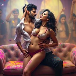 A sensual depiction of Nushrat Bharucha in a bikini bottom, gracefully removing her transparent shirt to reveal her cleavage and navel