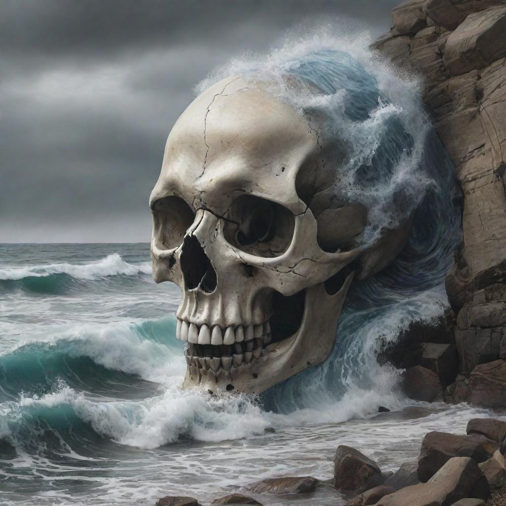 A surreal piece of art featuring a skull morphing into waves crashing against a rocky shoreline