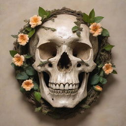 An extraordinary piece of art representing a fossilized skull intertwined with lush, creeping vines and blooming flowers