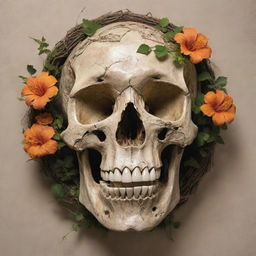 An extraordinary piece of art representing a fossilized skull intertwined with lush, creeping vines and blooming flowers