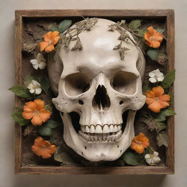 An extraordinary piece of art representing a fossilized skull intertwined with lush, creeping vines and blooming flowers