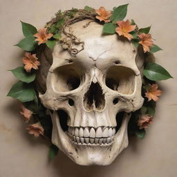 An extraordinary piece of art representing a fossilized skull intertwined with lush, creeping vines and blooming flowers