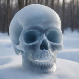 A compelling artwork featuring a skull carved from shimmering, translucent ice against a snowy backdrop