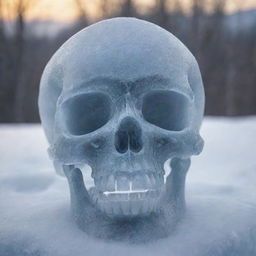 A compelling artwork featuring a skull carved from shimmering, translucent ice against a snowy backdrop