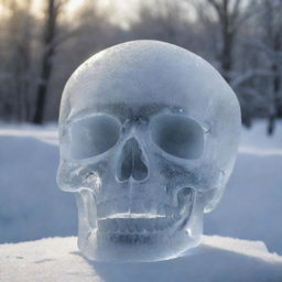 A compelling artwork featuring a skull carved from shimmering, translucent ice against a snowy backdrop