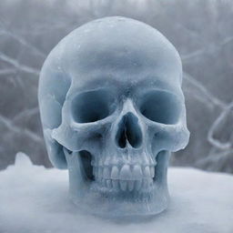 A compelling artwork featuring a skull carved from shimmering, translucent ice against a snowy backdrop