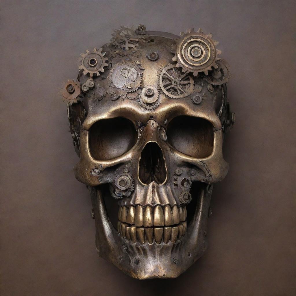 An evocative artwork showcasing a skull fashioned from mechanical parts and cogwheels