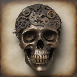 An evocative artwork showcasing a skull fashioned from mechanical parts and cogwheels