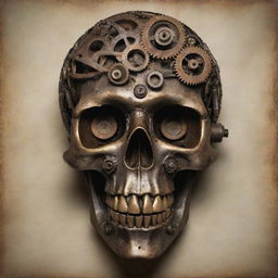 An evocative artwork showcasing a skull fashioned from mechanical parts and cogwheels