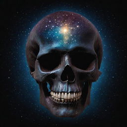 An inspiring piece of art displaying a radiant skull composed of bright, constellated stars against the deep velvet of the night sky