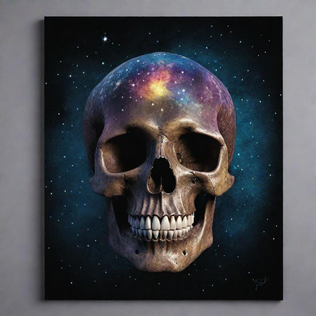 An inspiring piece of art displaying a radiant skull composed of bright, constellated stars against the deep velvet of the night sky