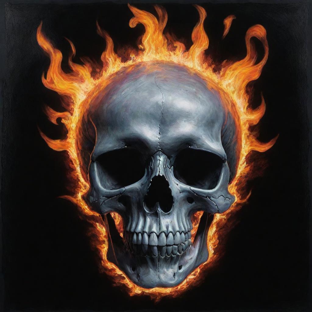 A captivating artwork featuring a skull being enveloped by vivid flames against a stark, dark backdrop