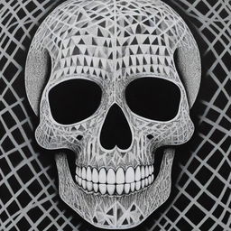 An alluring black and white Sharpie art displaying a skull with geometric patterns