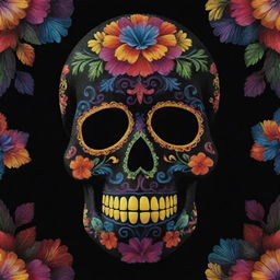 An intriguing artwork featuring an ornately decorated sugar skull, a traditional symbol in Day of the Dead celebrations