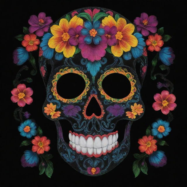 An intriguing artwork featuring an ornately decorated sugar skull, a traditional symbol in Day of the Dead celebrations