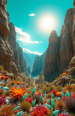 A breathtaking alien canyon landscape, with vibrant turquoise skies showcasing two brilliant suns illuminating the scene
